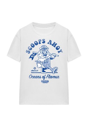 White cotton t-shirt featuring blue graphic design of a cartoon ice cream mascot, text "SCOOPS AHOY" and "Oceans of Flavour," and logos.