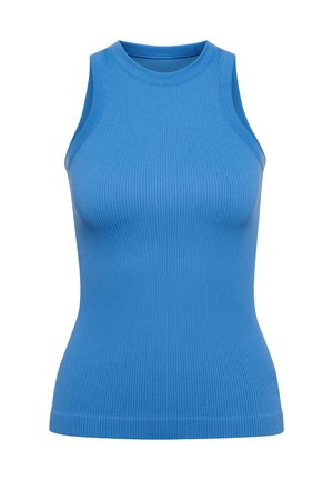 Blauer, gerippter Tanktop mit hohem Halsauschnitt, ärmellosem Design und taillierter Silhouette. Das Material wirkt dehnbar und glatt.