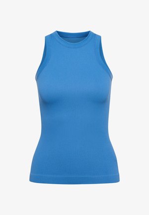 Blauer, gerippter Tanktop mit hohem Halsauschnitt, ärmellosem Design und taillierter Silhouette. Das Material wirkt dehnbar und glatt.