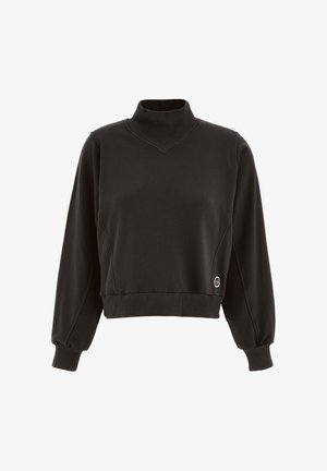 Black cropped sweatshirt with a high, ribbed collar, long balloon sleeves, and a discreet logo accent on the lower right side.