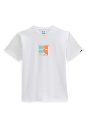 Biała bawełniana koszulka z krótkim rękawem, z kolorową kwadratową grafiką logo Vans na środku. Miękka tekstura, standardowy okrągły dekolt.