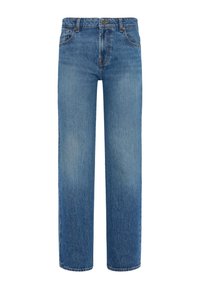 Jeans in denim blu con un design a gamba dritta, caratterizzati da uno stile classico a cinque tasche e leggere scoloriture. Chiusura con bottone superiore e zip.