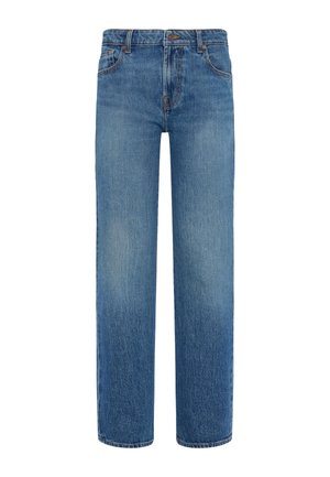 Blå denimjeans med lige ben, der har en klassisk fem-lomme-stil og subtilt slid. Øverste knap og lynlåslukning.