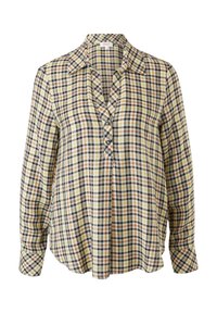 Camicia a quadri in giallo, marrone e nero. Presenta un colletto, maniche lunghe e una vestibilità ampia. Tessuto intrecciato testurizzato.
