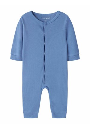 Body bébé bleu côtelé à manches longues avec boutons-pression sur le devant et poignets repliés aux manches et aux jambes.