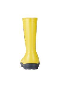 Stivale da pioggia giallo in gomma con una finitura liscia e lucida, dotato di una suola nera e di un design colorato sul lato. Forma alta e cilindrica.