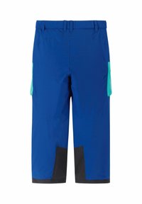Blue cargo shorts featuring a smooth texture, two side pockets with aqua accents, and black detailing at the hem for contrast.