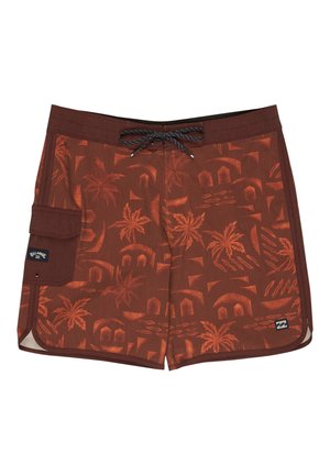Bruine zwemshorts met oranje tropisch patroon van palmen en huizen, zwarte trekkoord, zijflapzak en kleine logopatches.