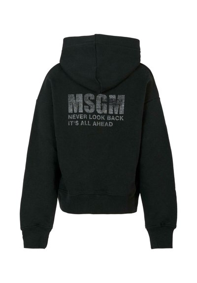 Czarna bluza z kapturem w krojonym stylu, z srebrnym napisem z tyłu: "MSGM NEVER LOOK BACK IT'S ALL AHEAD." Miękka tekstura.