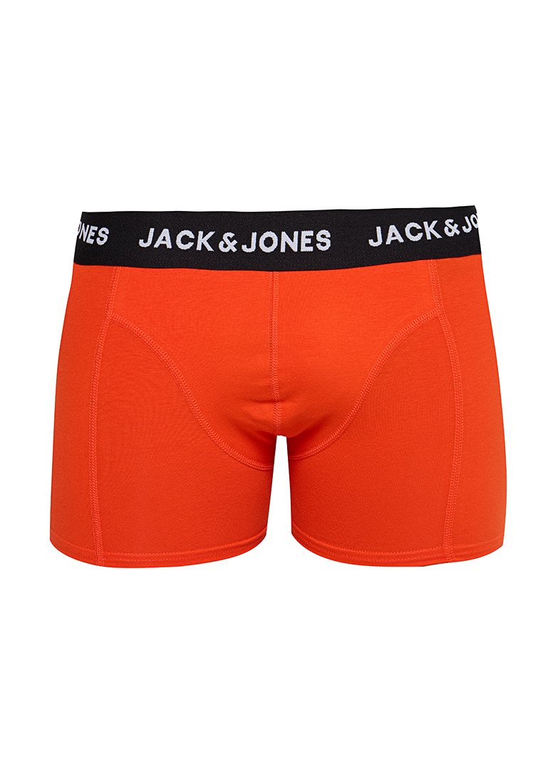 Bañador corto de algodón rojo con una cinturilla negra que presenta "JACK & JONES" en letras blancas, diseñado para un ajuste ceñido con costuras en contraste.