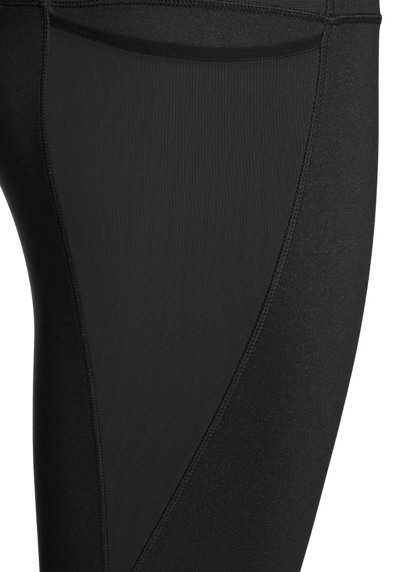 Leggings negros con una tela suave y elástica y paneles laterales texturizados. El diseño incluye costuras planas para mayor comodidad y durabilidad.