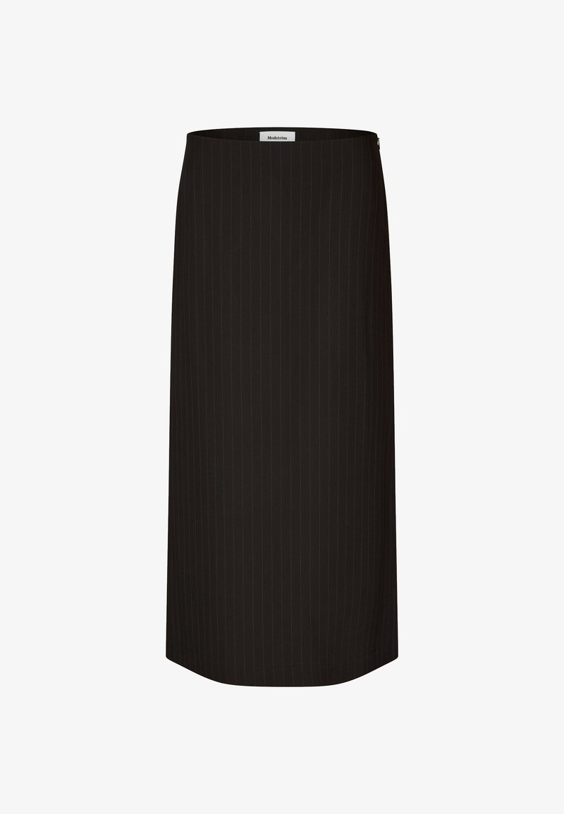 Black pencil skirt with vertical pinstripes, smooth texture, knee-length design, and a side zipper closure.