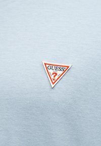 Ανοιχτό μπλε ύφασμα με ένα μικρό λευκό τριγωνικό πέταλο περιβαλλόμενο από κόκκινο περίγραμμα, που φέρει το κείμενο "GUESS U.S.A." και ένα κόκκινο ερωτηματικό.