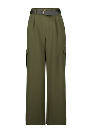 Olive green wide-leg cargo pants with two side pockets, featuring a flat front, pleats, and a textured black belt with a round buckle.