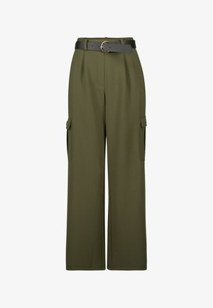 Olive green wide-leg cargo pants with two side pockets, featuring a flat front, pleats, and a textured black belt with a round buckle.