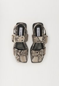 Snakeskin-textured sandals with adjustable straps, silver hardware accents, square toe, and black soles, featuring a neutral color palette.