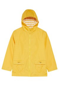 Chaqueta impermeable amarilla con capucha, cremallera frontal, forro a rayas, dos bolsillos frontales y puños y dobladillo elásticos.
