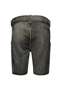 Pantalones cortos de cuero negro desgastados con un lazo para cinturón y bolsillos laterales, mostrados desde atrás sobre un fondo blanco.