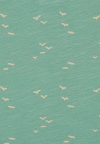 Light teal fabric with a textured finish, featuring a scattered pattern of small cream-colored birds in varying orientations.