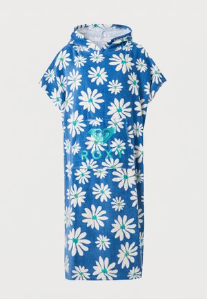 Poncho serviette à capuche bleu avec imprimés de marguerites blanches et une poche avant arborant un logo Roxy turquoise.