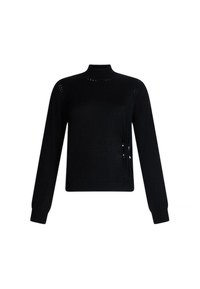 Maglione a maniche lunghe nero con colletto a imbuto, realizzato in tessuto testurizzato, con polsini a coste e bottoni decorativi sul lato.