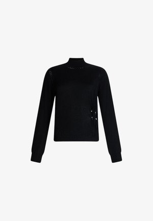 Maglione a maniche lunghe nero con colletto a imbuto, realizzato in tessuto testurizzato, con polsini a coste e bottoni decorativi sul lato.