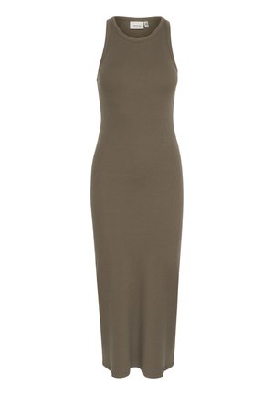 Olivenfarget ribbet tankkjole, midi-lengde, tettsittende silhuett, med rund hals og uten ermer, laget av et mykt, elastisk stoff.