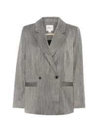 Gray striped double-breasted blazer with wide lapels, two front pockets, and black buttons. Made from textured woven fabric.