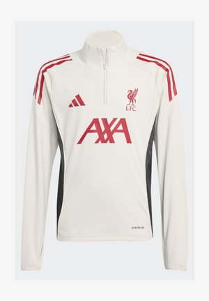 Camiseta de entrenamiento blanca de manga larga del Liverpool FC con logotipos rojos, cuello con media cremallera, franjas rojas en los hombros y paneles laterales negros.