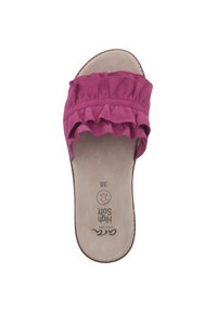 Pink slide sandal featuring a ruffled upper design, textured footbed, and a smooth sole. Size 38 marked on the insole.