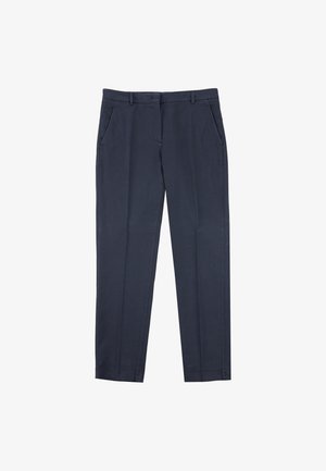 Marineblauwe katoenbroek met een slank ontwerp, rechte pijpen, twee zijzakken en een gladde textuur. Bevat een riemlus en een ritssluiting.