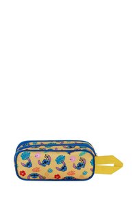 Trousse jaune avec fermeture éclair bleue, ornée d'un motif de visages de dessins animés portant des lunettes de soleil et de feuillage tropical. Comprend une poignée jaune.