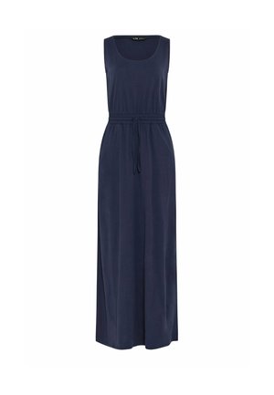 Ärmelloses, marineblaues Maxikleid mit rundem Ausschnitt und verstellbarem Kordelzug in der Taille, gerade langer Rock, lässiger Stil.