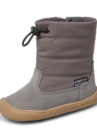 Grauer Textil- und Wildleder-Ankle-Boot mit runder Zehenform, elastischer Kordelzugverschluss und Gummisohle mit strukturiertem Grip.