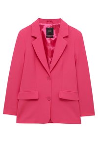 Blazer femme rose vif avec deux boutons, col à revers cranté, poches à rabat et doublure intérieure lisse ressemblant à du satin.