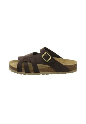 Brown leather sandal with adjustable buckle strap, cork footbed, and beige textured sole, displayed from side view against white background.