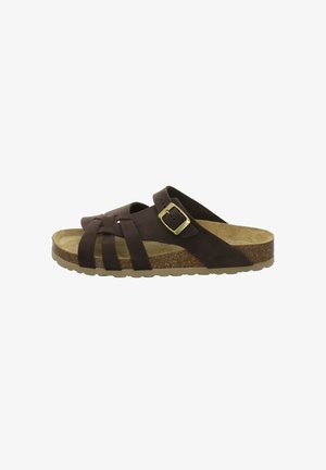 Brown leather sandal with adjustable buckle strap, cork footbed, and beige textured sole, displayed from side view against white background.
