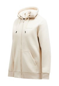 Lys beige zip-up hoodie lavet af blødt stof, med en hætte der kan justeres med snore, kængurulommer, ribbede manchetter og logo detalje på brystet.