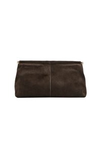 Clutch de ante marrón con una textura suave, forma rectangular y cierre de cremallera. Presenta un diseño simple y sin adornos.