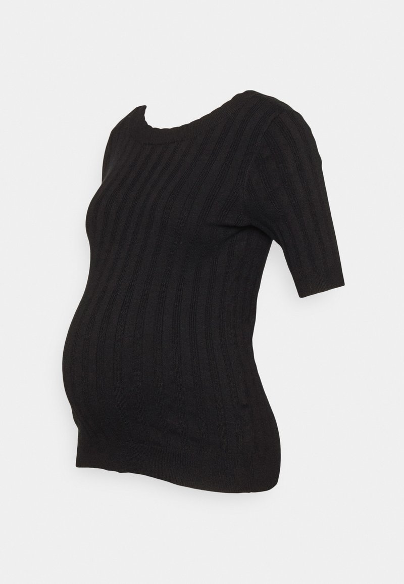 Top de maternidade preto canelado com mangas curtas, formato justo e decote redondo, projetado para acomodar uma barriga em crescimento.