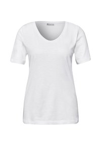 T-shirt pour femme à manches courtes, col en V, blanc, avec un design simple et un tissu légèrement texturé.