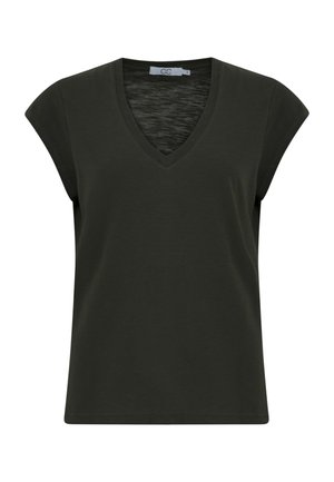 Σκούρο πράσινο κοντομάνικο T-shirt με V-λαιμόκοψη, εφαρμοστή γραμμή και μικρή ετικέτα με το λογότυπο της μάρκας μέσα στον γιακά.
