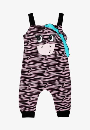 Sort og lyserød bomuldsromper med zebra-striber, der har et stort smilende ansigt og turkise accenter langs den ene skulder og side.