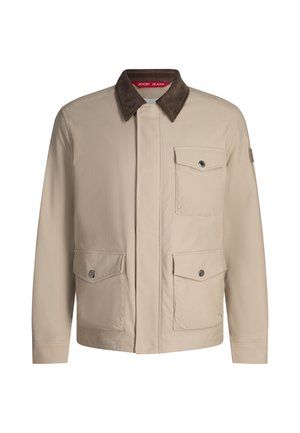 Beige Jacke mit braunem Kragen, zwei Fronttaschen und Druckknöpfen. Glatter Stoff und ein strukturiertes Design, mit einem Markenetikett innen.