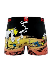 Un boxeur avec une ceinture noire portant "LUCKY LUKE", et une scène de bande dessinée avec un cheval, un cow-boy et un fond vibrant jaune-orange.