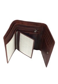 Brown leather wallet with a textured finish, featuring a zippered pocket, card slots, and two herringbone-patterned slots.