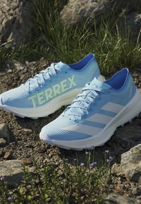 Ανοιχτό μπλε παπούτσια τρεξίματος Adidas Terrex για πεζοπορία τοποθετημένα σε βραχώδες έδαφος με γρασίδι και μικρά μωβ λουλούδια κοντά.