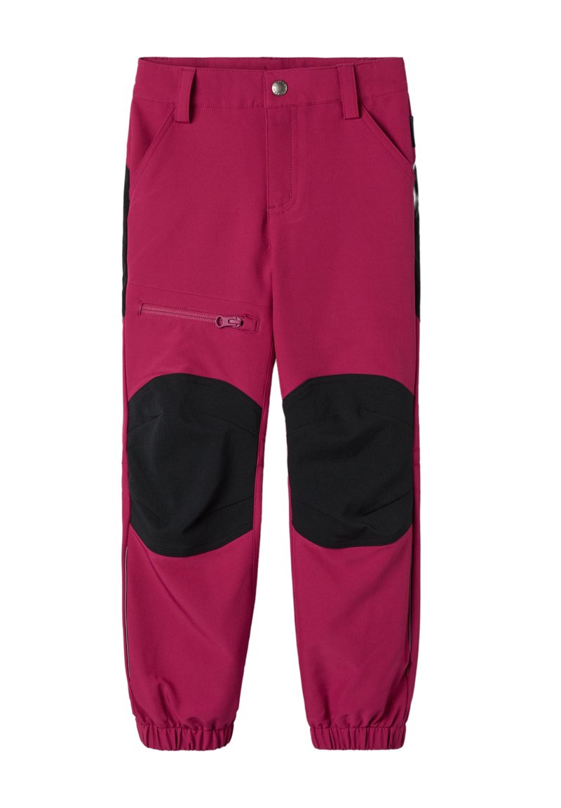 Magenta-housut mustilla polvipsuilla, vetoketjullinen tasku vasemmalla reidellä, elastiset hihnat ja tavallinen vyötärö. Valmistettu kestävästä kankaasta.