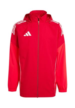 Rote Sportjacke mit Kapuze, weißen Akzenten und gestreiftem Design an den Ärmeln. Verfügt über einen durchgehenden Reißverschluss und elastische Bündchen. Leichtes Material.