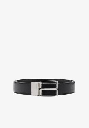 Black leather belt with a smooth texture, featuring a silver rectangular buckle and a simple design. Width and length are standard.